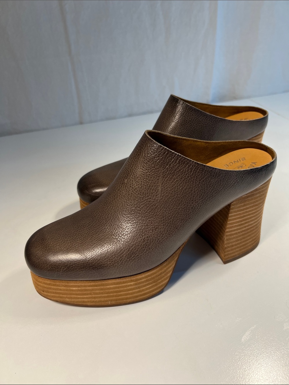 Kork-Ease Brown Leather Platform Mule Heels